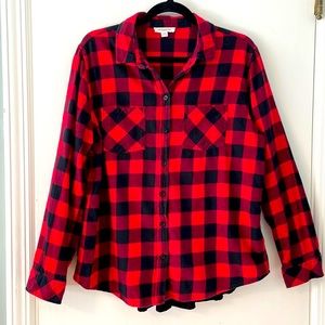 Beach Lunch Lounge big check red & black flannel button up back peplum shirt L